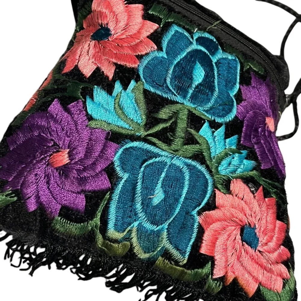 Floral Flower Embroidered Fringe Purse‎ Black Bright Colorful Flowers Casual